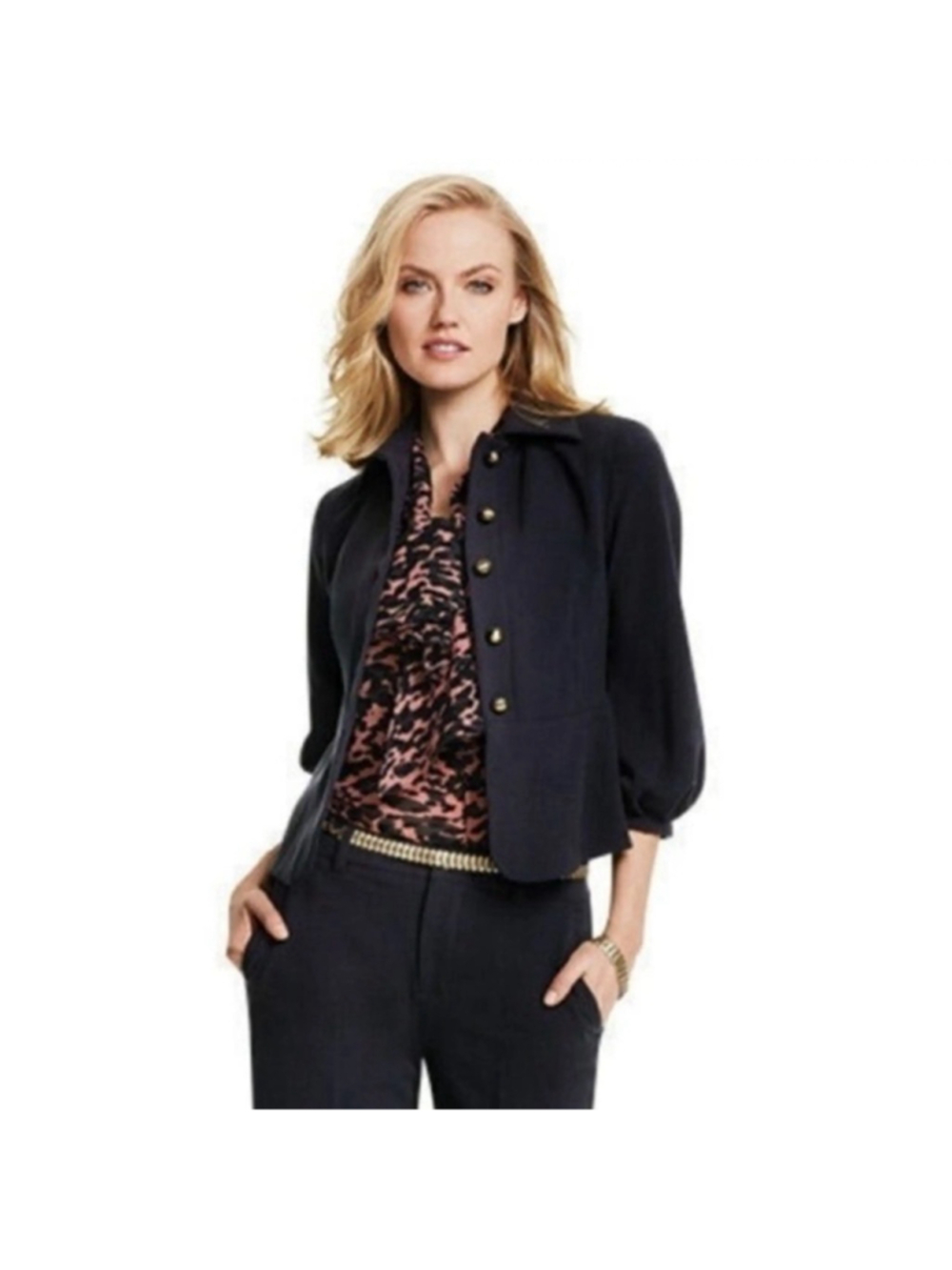 Cabi Abbott Black Blazer Puff Sleeve Military Jacket Women's Size 8 Style 3027